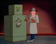 a cartoon character standing next to a refrigerator