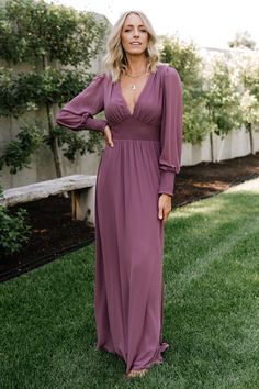 Looking for the perfect long sleeve maxi dress? This is it! Our Olivia Maxi Dress is stunning in purple. You'll wear it again and again! Maxi Dress Vintage, Velvet Wrap Dress, Purple Maxi Dress, Baltic Born, Mob Dresses, Sequin Maxi Dress, Rust Dress, Dress Dusty, Chiffon Material