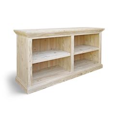 a wooden entertainment center with two shelves on each side