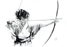a black and white drawing of a woman holding a bow with her arm extended in the air