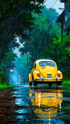 a yellow vw bug driving down a rain soaked street
