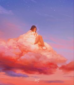 a woman sitting on top of a cloud in the sky