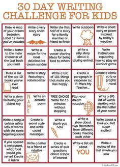 the 30 day writing challenge for kids is shown in red and white with orange lettering