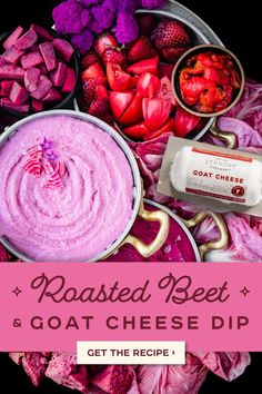 roasted beet and goat cheese dip with strawberries on the side, next to other ingredients