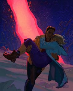 a man and woman are hugging in the snow with bright pink light behind them on a purple background