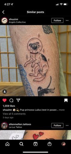 the tattoo on this person's leg shows that she is in love with her dog