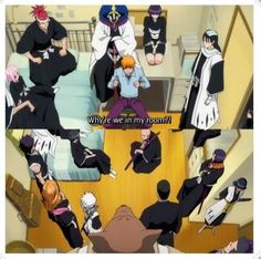 an anime scene with many people sitting on the floor and one person standing in front of them