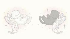 two teddy bears sitting on wings with stars in the sky behind them, one bear is holding a baby's hand