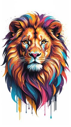 a lion with colorful paint splatters on it's face and head,