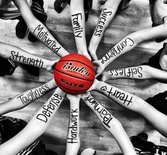 a group of people holding a basketball in the middle of their hands with words written all over them