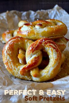 some pretzels sitting on top of each other with the words perfect and easy soft pretzels