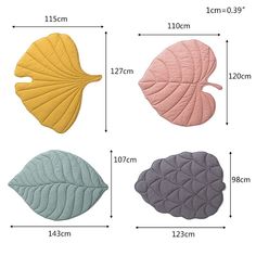 three leaf shaped rugs in different colors and sizes, with measurements for each one