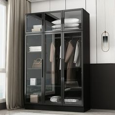 a black cabinet with clothes in it next to a window