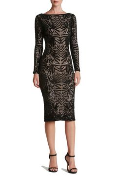 Dress the Population Emery Midi Dress | Nordstrom Mesh Cocktail Dress, Embroidered Cocktail Dress, Body Hugging Dress, Dress Ootd, Bodycon Dress Formal, Sequin Midi Dress, Sequin Cocktail Dress, Long Sleeve Sequin, Sequin Gown