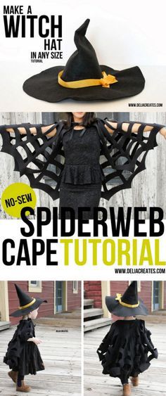 the instructions for how to make a spider web cape and witch hat with no sew