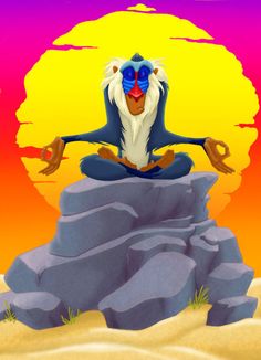 the lion king sitting on top of a rock in front of an orange and purple sky