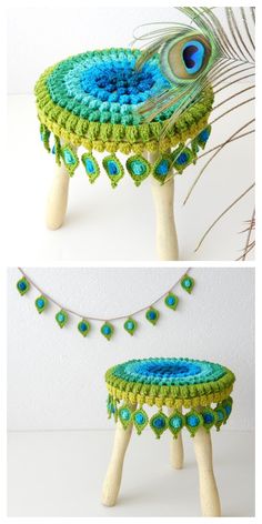 crocheted stool with peacock feathers and beads on the legs, made to look like a tree stump