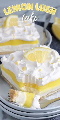a lemon lush cake on a plate with the words lemon lush written in white and yellow