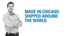 a man standing with his arms crossed in front of the words made in chicago, shipped around the world