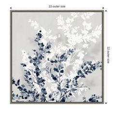 an abstract floral painting with blue and white flowers on a gray background, framed in wood frame