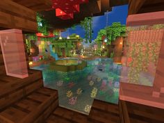the inside of a minecraft house with lots of plants