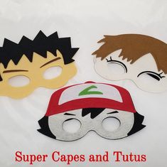 three paper masks with faces and words super capes and tutus