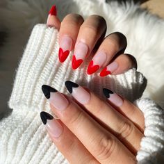 Heart Design Almond Nails, Cute Red Black And White Nails, Kourtney Kardashian Red Nails, Heart Shaped Nails Tips, Nail Art Red And Black French Tips, Black Tip Heart Nails, Val3ntines Day Nails, Black Heart French Tip Nails, Red And Black Louis Tomlinson Nails