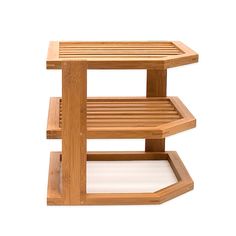 three tiered wooden table with white background