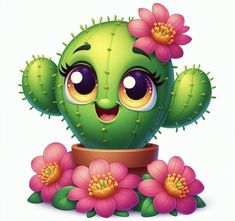 a green cactus with pink flowers on it's head and eyes, sitting in a pot