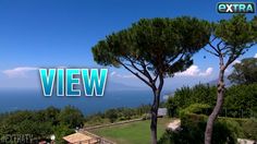 an aerial view of a house and trees with the ocean in the backround