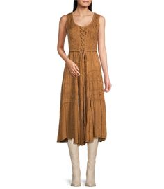 From Scully&#x2C; this dress features:Floral jacquard fabricationSleevelessFront lace-up detailSoutach and embroidery detailTie waistPullover constructionApprox.  48" lengthRayonHand washImported. Lace Maxi Romper, Country Western Dresses, Country Style Dresses, Maxi Romper Dress, Western Style Dresses, Dresses With Cowboy Boots, Cream Maxi Dress, Dress Boot, Cowgirl Dresses