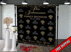the personalized family reunion banner is displayed in front of a white pillar with flowers