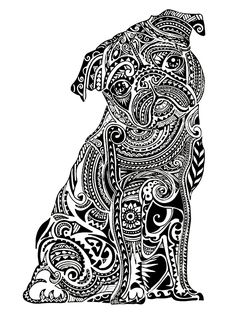 a black and white drawing of a dog with intricate designs on it's face
