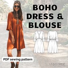 "Romantic, modern boho dress & blouse PDF sewing pattern VALENTINA with english sewing pattern and english instructions 🇬🇧. Are you in search of a modern, romantic boho dress or blouse? With this easy and beginner-friendly sewing pattern PDF guide you will be able to create stunning bohemian clothes with your own favorite fabric and pattern! Our beautiful \"Valentina\" set will bring you two fashionable go-to pieces for everyday life. The dress is quickly put on and as comfortable as they get! Boho Dress Sewing Pattern, Diy Boho Dress, Boho Sewing Patterns, Bohemian Dress Pattern, Boho Sewing, Summer Dress Sewing Patterns, Sewing Guide, Couture Simple, Romantic Boho