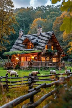 sheep graze in front of a log cabin with lights on it's windows