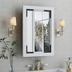 a bathroom sink with a mirror and two lights on the wall next to each other