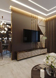 a living room with a large tv on top of a wooden entertainment center next to a dining table