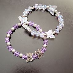 Handmade Butterfly Bracelet. Set Of 2 Purple Beads Bracelets, Butterfly Bracelets, Pandora Charms Disney, Purple Beaded Bracelets, Crystal Cuff Bracelet, Handmade Butterfly, Artisan Bracelets, Expandable Bracelet, 16 Birthday
