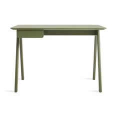 a green desk with two legs and a small table top on the bottom, in front of