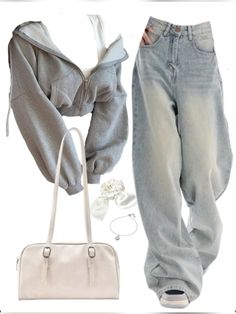 slouchy outfit • casual • Jeans • Hoodie • Handbag • Accessories • outfit inspo Cute Fits With Jeans For School, Clothes For Your Dr, Off The Shoulder Jacket Outfit, Outfit Ideas For Back To School, Paintings On Jeans, Cool School Outfits, Crop Hoodie Outfit, Casual Outfits For School, Zip Up Outfit