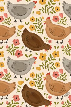 birds and flowers on a white background with brown, gray, and orange colors are featured in this pattern