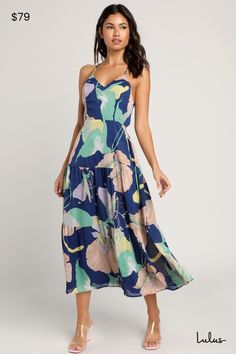 Make those summer moments all the sweeter in the Lulus Hours of Flowers Blue Multi Floral Lace-Up Tiered Midi Dress! Bright floral print dances across lightweight woven fabric, shaping slender tying spaghetti straps that support a V-neckline atop a princess-seamed bodice. A single tie crosses the open back, adding an eye-catching detail. High waist tops a tiered skirt that ends at a midi hem. Elastic at back for fit. Fit: This garment fits true to size. Length: Ankle length. Size medium measures Floral Dress Fashion, Summer Moments, Guest Attire, Flowers Blue, Wedding Attire Guest, Adhesive Bra, Grad Dresses, Tiered Midi Dress, Dinner Dress