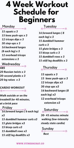 the 4 week workout schedule for beginners is shown in pink and black with text