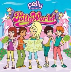 cartoon characters are standing together in front of a sign that says dolly's world