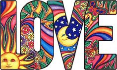 the word love is made up of many different colors and shapes, including butterflies, flowers, and sun