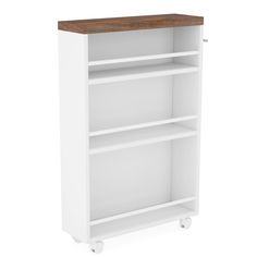a white bookcase with wheels and a wooden top