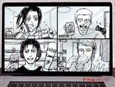 the comic strip shows two people talking to each other while they are on their laptop