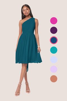 a woman in a green dress standing next to color swatches and the image shows different colors