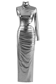 a silver dress is shown on a mannequin dummy head and shoulders are visible