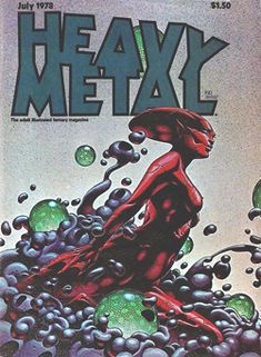 the cover to heavy metal magazine, featuring a woman in red and green bubbles on her body